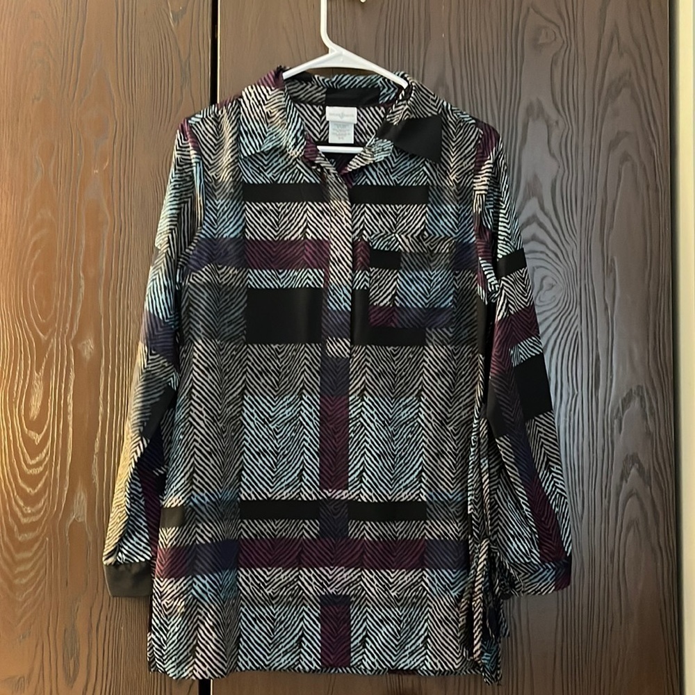 Jaclyn Smith long sleeved purple/ black/ sage/ blue blouse. Size Small NWOT.